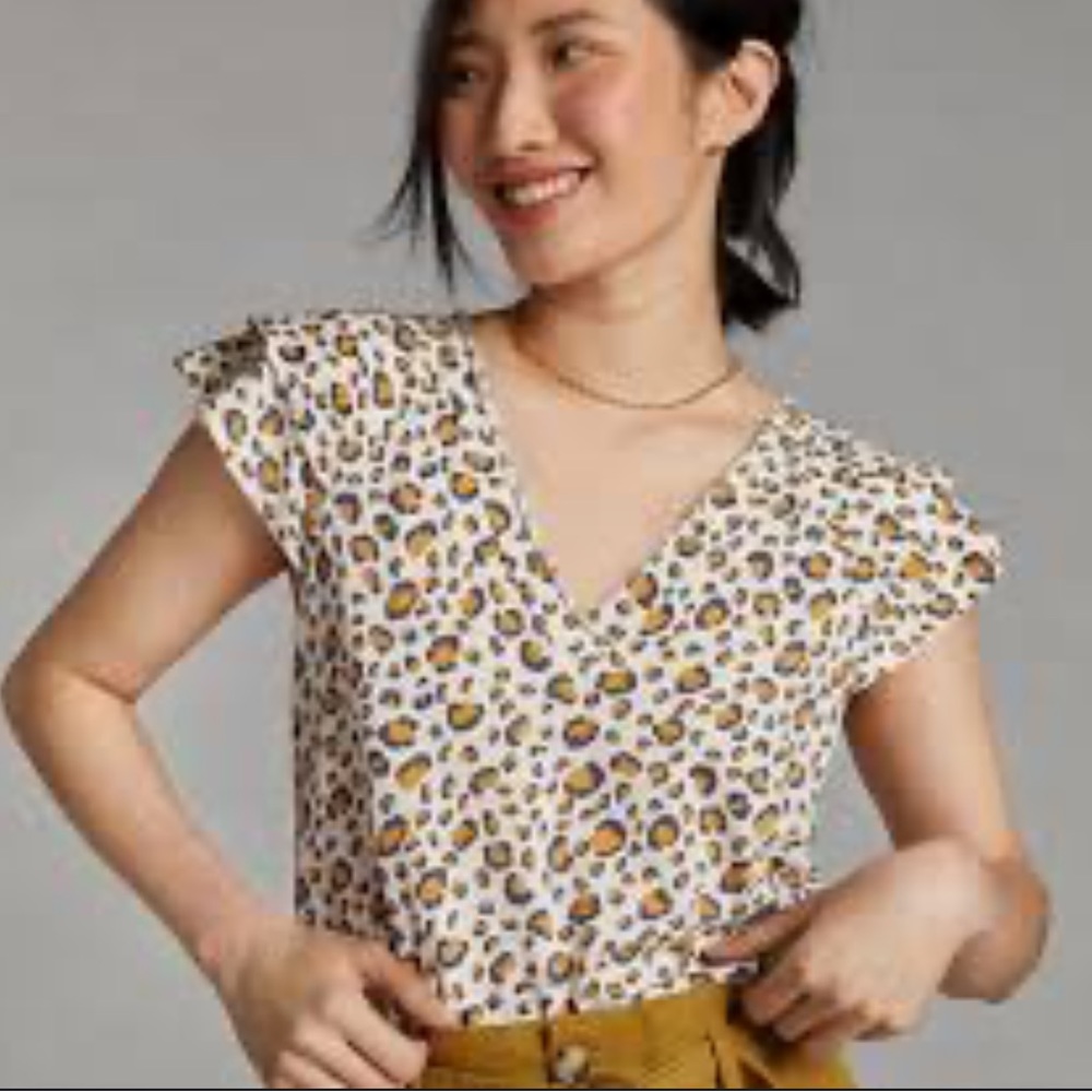 Maeve By Anthropologie Women’s Leopard Print Flutter Sleeve Blouse Top Size Med